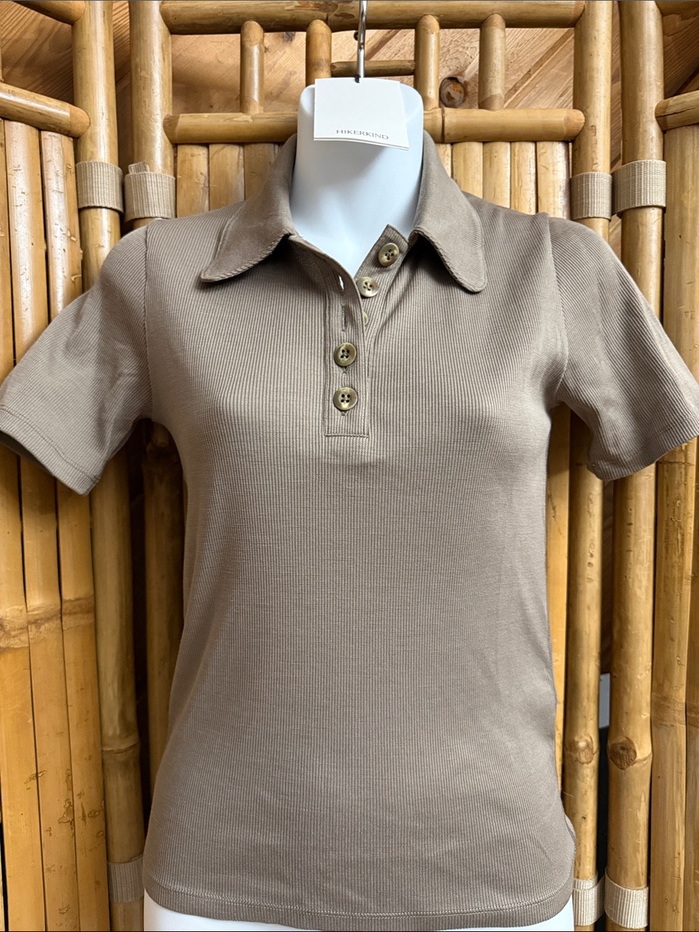 Ribbed Short-Sleeve Polo Top in Taupe Size S.  NWT